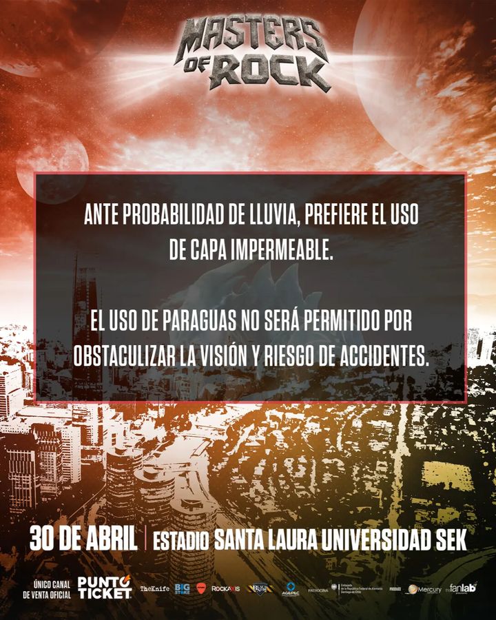 Comunicado Masters of Rock por lluvia en Santiago