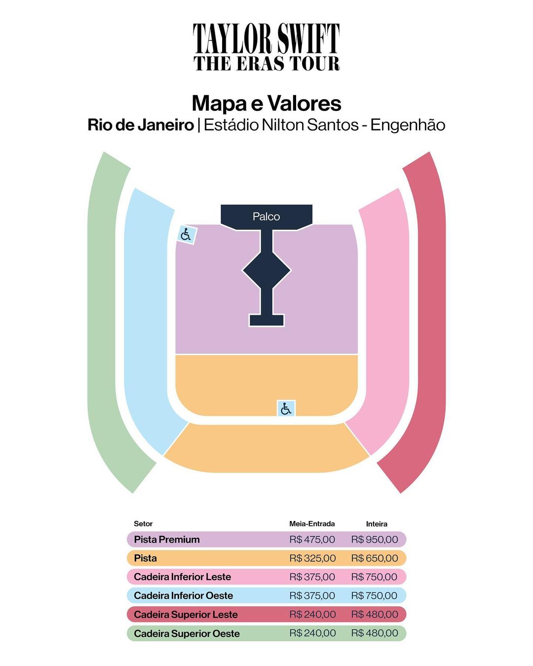 Mapa y valores de Taylor Swift en Rio de Janeiro