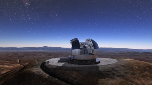 The Cerro Armazones mountain in the Chilean desert, near ESO's Paranal Observatory, will be the site for the Extremely Large Telescope (ELT), which, with its 39-metre diameter mirror, will be the world’s biggest eye on the sky. Here, an artist's rendering shows how the telescope will look on the mountain when it is complete.