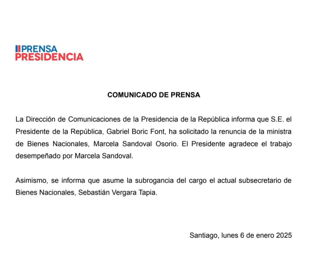 Comunicado de Presidencia renuncia Marcela Sandoval